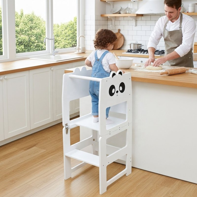 Drewniany kitchen helper 2w1 podest kuchenny i stolik z tablicą dla dzieci