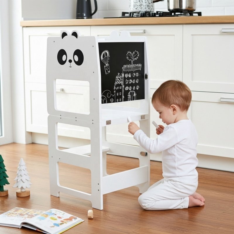 Drewniany kitchen helper 2w1 podest kuchenny i stolik z tablicą dla dzieci