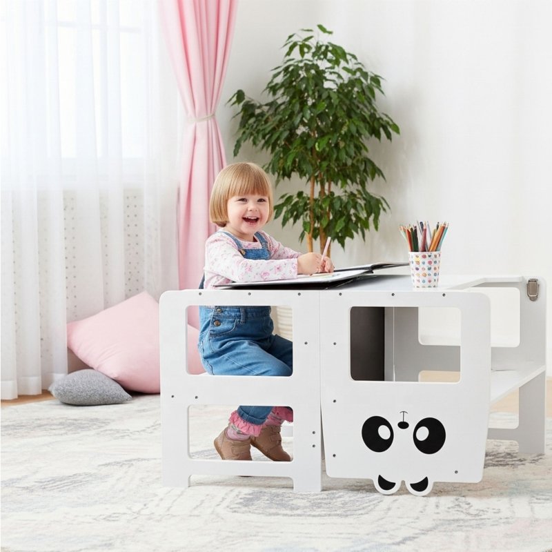 Drewniany kitchen helper 2w1 podest kuchenny i stolik z tablicą dla dzieci