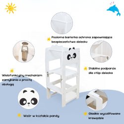 Drewniany kitchen helper 2w1 podest kuchenny i stolik z tablicą dla dzieci