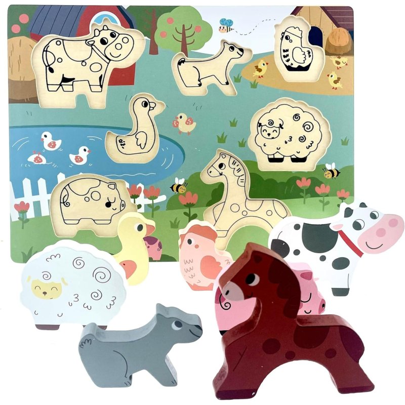 Drewniane puzzle z zagrodą zwierząt chunky dla 3 latka - dla dzieci 24M+ - Buba toys