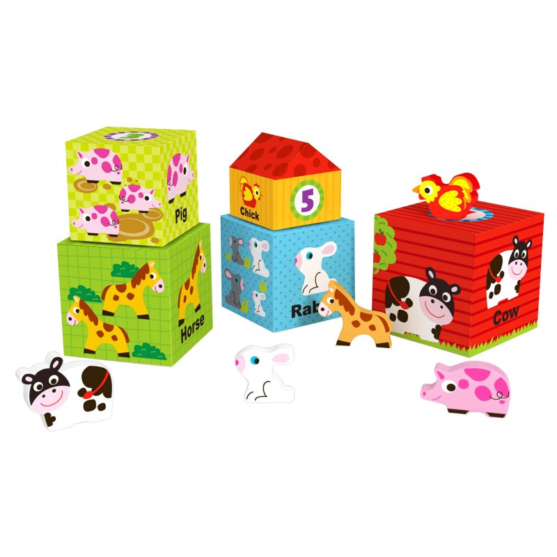 Drewniana układanka z pudełkami Farma – zabawka edukacyjna dla dzieci 12M+
