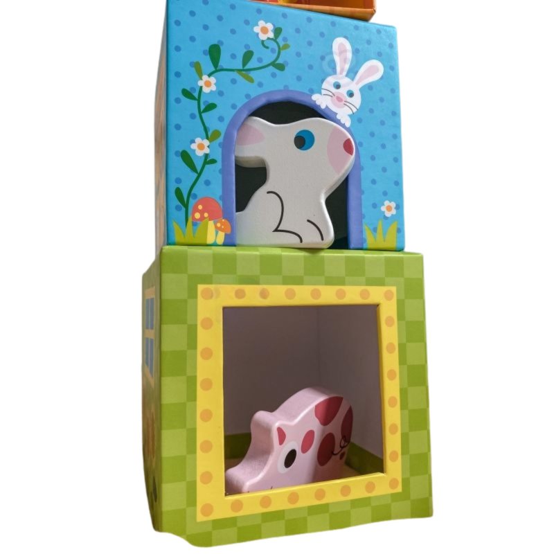 Drewniana układanka z pudełkami Farma – zabawka edukacyjna dla dzieci 12M+
