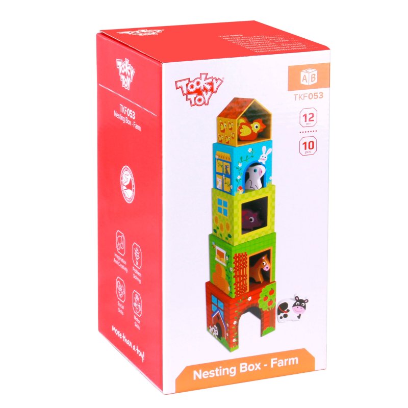 Drewniana układanka z pudełkami Farma – zabawka edukacyjna dla dzieci 12M+