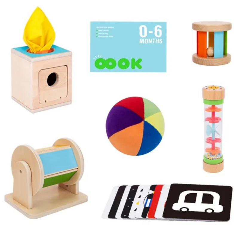 Edukacyjny zestaw Montessori 6w1 – drewniane zabawki dla dzieci 0-6m