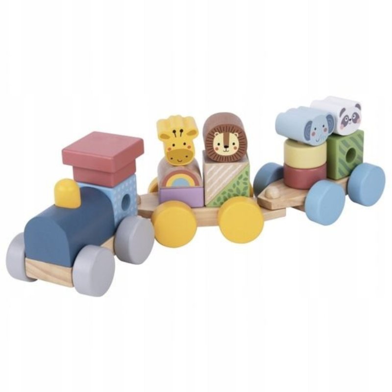 Drewniany pociąg ze zwierzątkami układanka edukacyjna klocki stacking 18M+