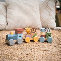 Drewniany pociąg ze zwierzątkami układanka edukacyjna klocki stacking 18M+