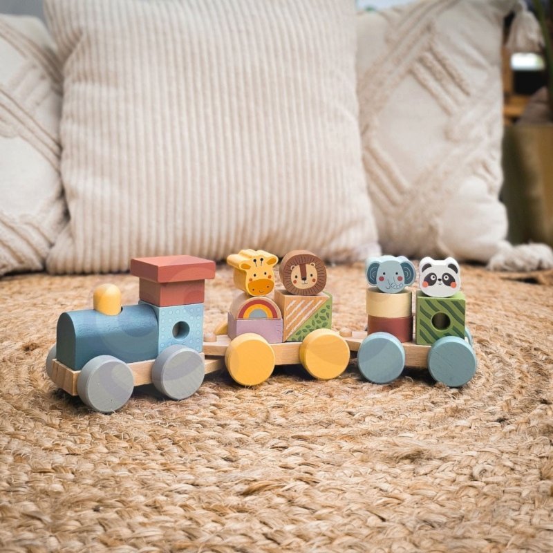 Drewniany pociąg ze zwierzątkami układanka edukacyjna klocki stacking 18M+