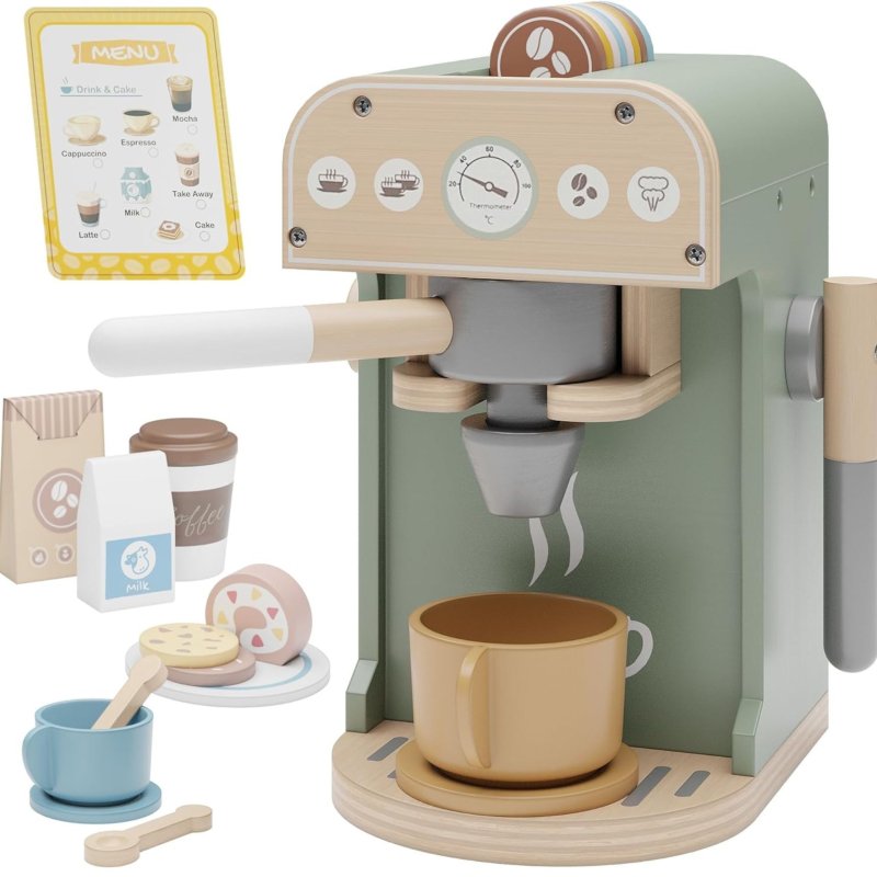Drewniany ekspres do kawy dla dzieci – zestaw do zabawy w kawiarnię 3+