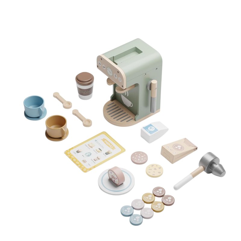 Drewniany ekspres do kawy dla dzieci – zestaw do zabawy w kawiarnię 3+