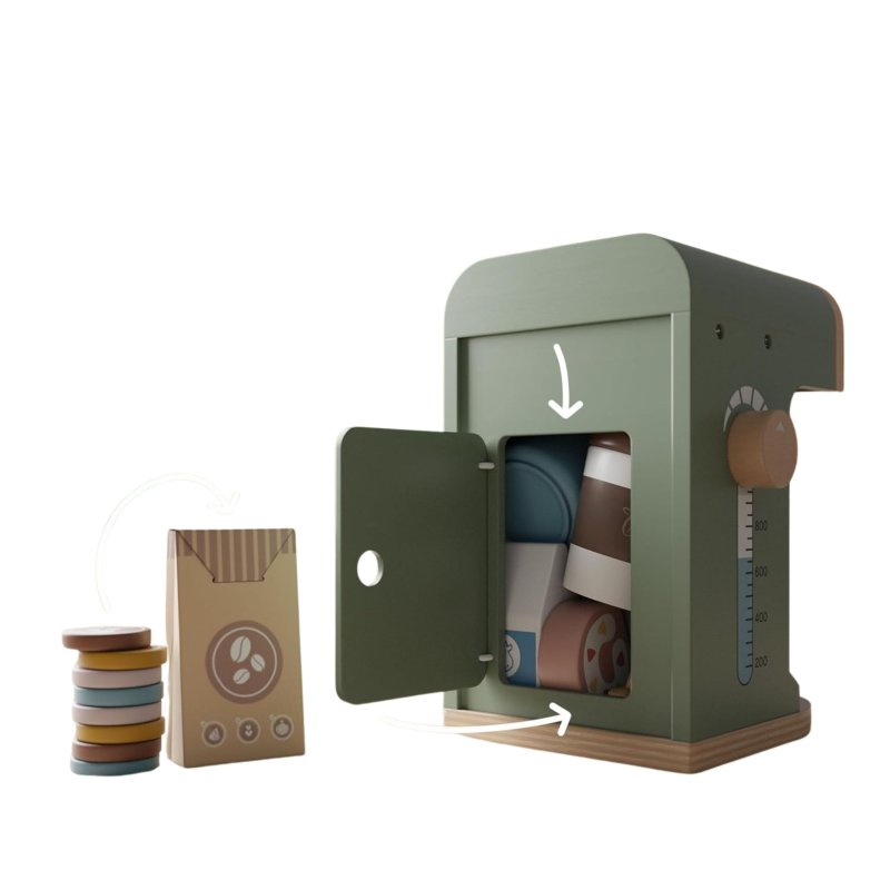 Drewniany ekspres do kawy dla dzieci – zestaw do zabawy w kawiarnię 3+