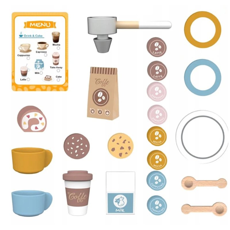 Drewniany ekspres do kawy dla dzieci – zestaw do zabawy w kawiarnię 3+