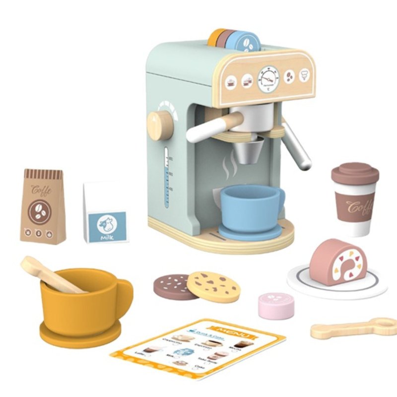 Drewniany ekspres do kawy dla dzieci – zestaw do zabawy w kawiarnię 3+