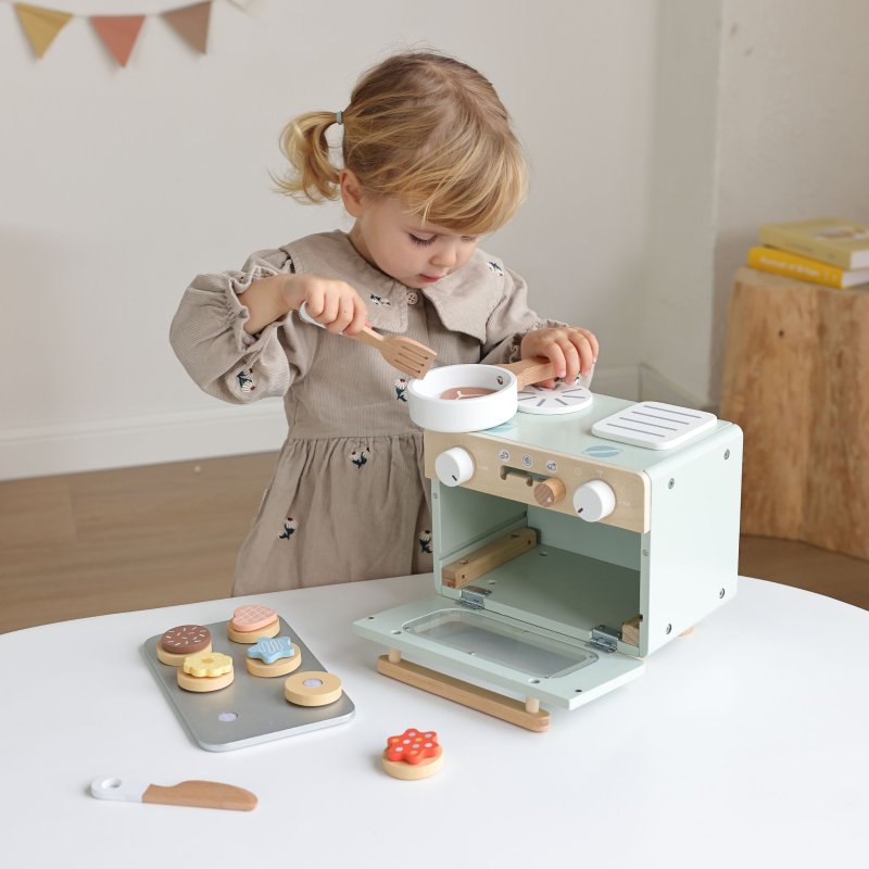 Drewniany mini piekarnik zabawkowy dla dzieci kuchnia edukacyjna 3+