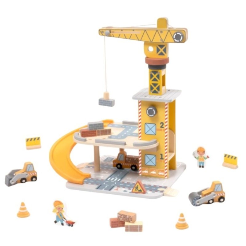 Drewniany dźwig edukacyjny z magnetycznym ramieniem – zabawka plac budowy dla dzieci 3+