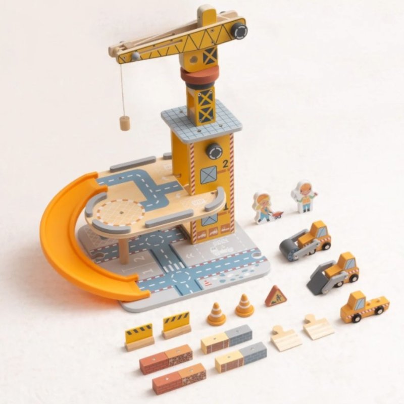 Drewniany dźwig edukacyjny z magnetycznym ramieniem – zabawka plac budowy dla dzieci 3+
