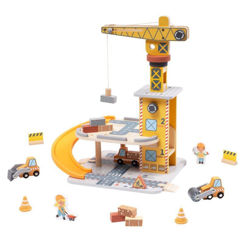 Drewniany dźwig edukacyjny z magnetycznym ramieniem – zabawka plac budowy dla dzieci 3+