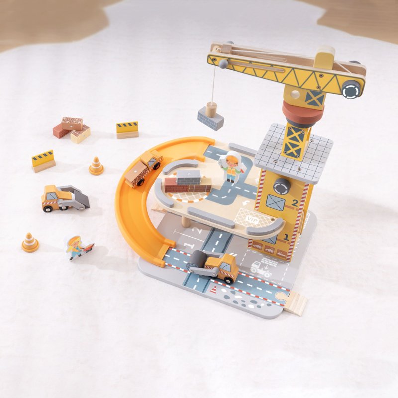 Drewniany dźwig edukacyjny z magnetycznym ramieniem – zabawka plac budowy dla dzieci 3+