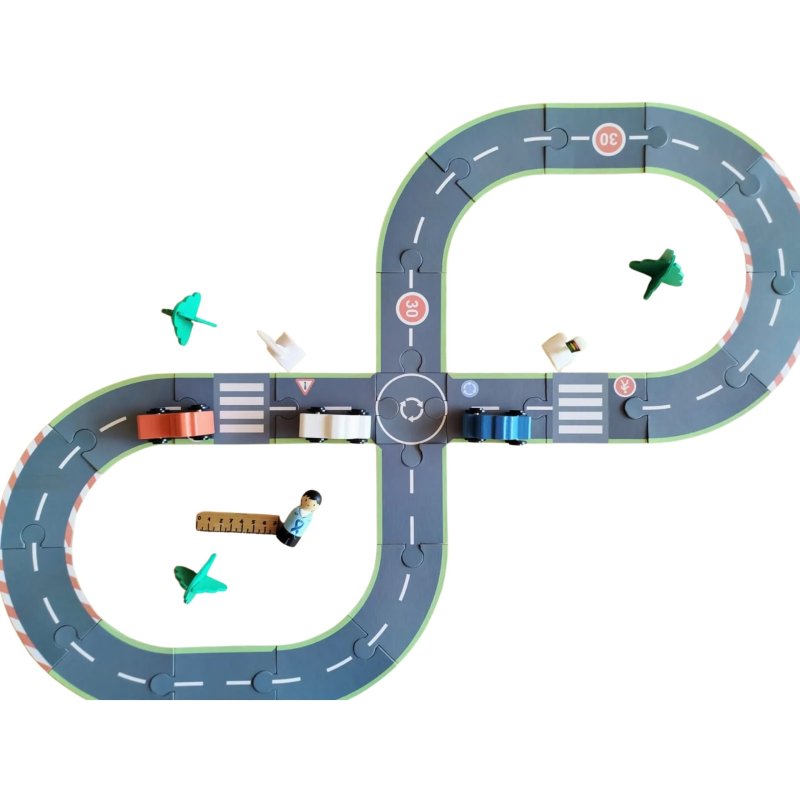 Drewniany zestaw dróg tor do układania z pojazdami – zabawka edukacyjna 3+