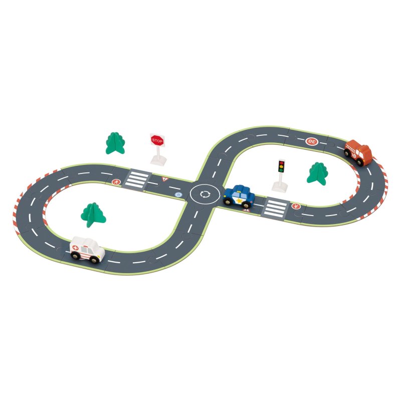Drewniany zestaw dróg tor do układania z pojazdami – zabawka edukacyjna 3+