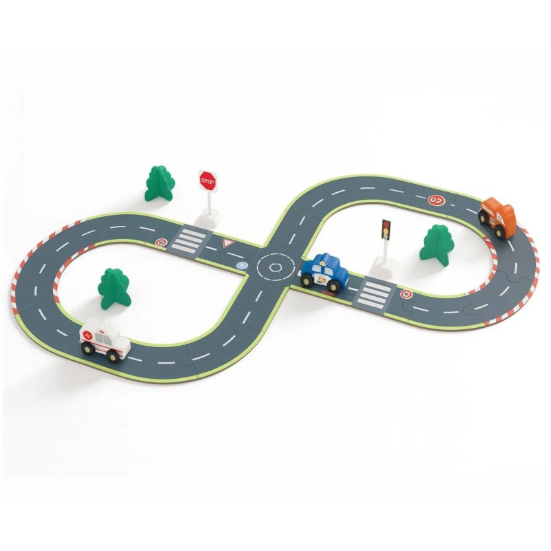 Drewniany zestaw dróg tor do układania z pojazdami – zabawka edukacyjna 3+