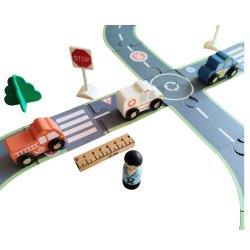 Drewniany zestaw dróg tor do układania z pojazdami – zabawka edukacyjna 3+