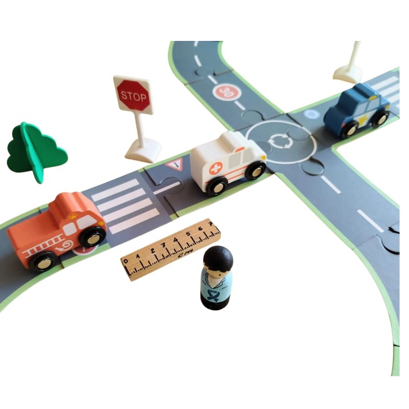 Drewniany zestaw dróg tor do układania z pojazdami – zabawka edukacyjna 3+
