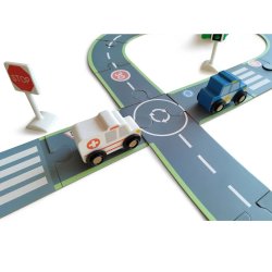 Drewniany zestaw dróg tor do układania z pojazdami – zabawka edukacyjna 3+