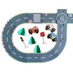 Drewniany zestaw dróg tor do układania z pojazdami – zabawka edukacyjna 3+