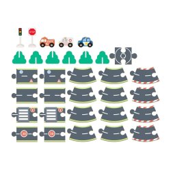 Drewniany zestaw dróg tor do układania z pojazdami – zabawka edukacyjna 3+