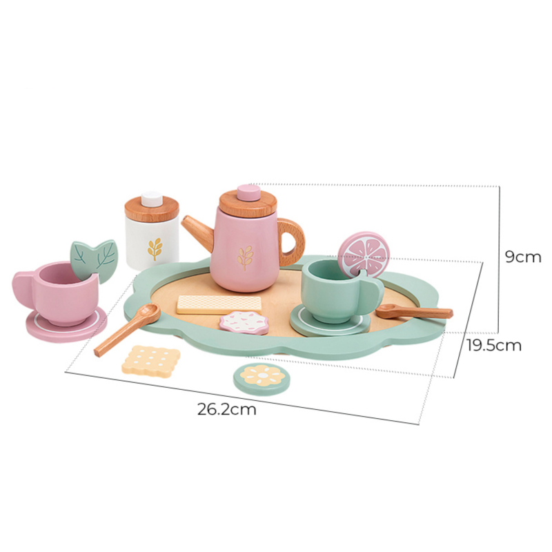 Drewniany zestaw do herbaty dla dzieci taca dzbanek filiżanki ciasteczka 3+