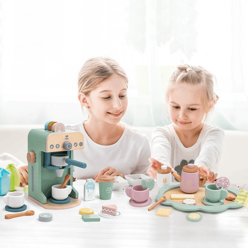 Drewniany zestaw do herbaty dla dzieci taca dzbanek filiżanki ciasteczka 3+