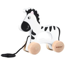 Drewniana zebra do ciągnięcia na sznurku zabawka do nauki chodzenia 12M+