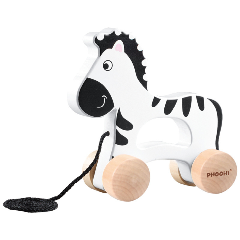 Drewniana zebra do ciągnięcia na sznurku zabawka do nauki chodzenia 12M+