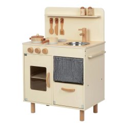 Drewniana kuchnia retro dla dzieci beżowa zabawkowy zestaw kuchenny 3+