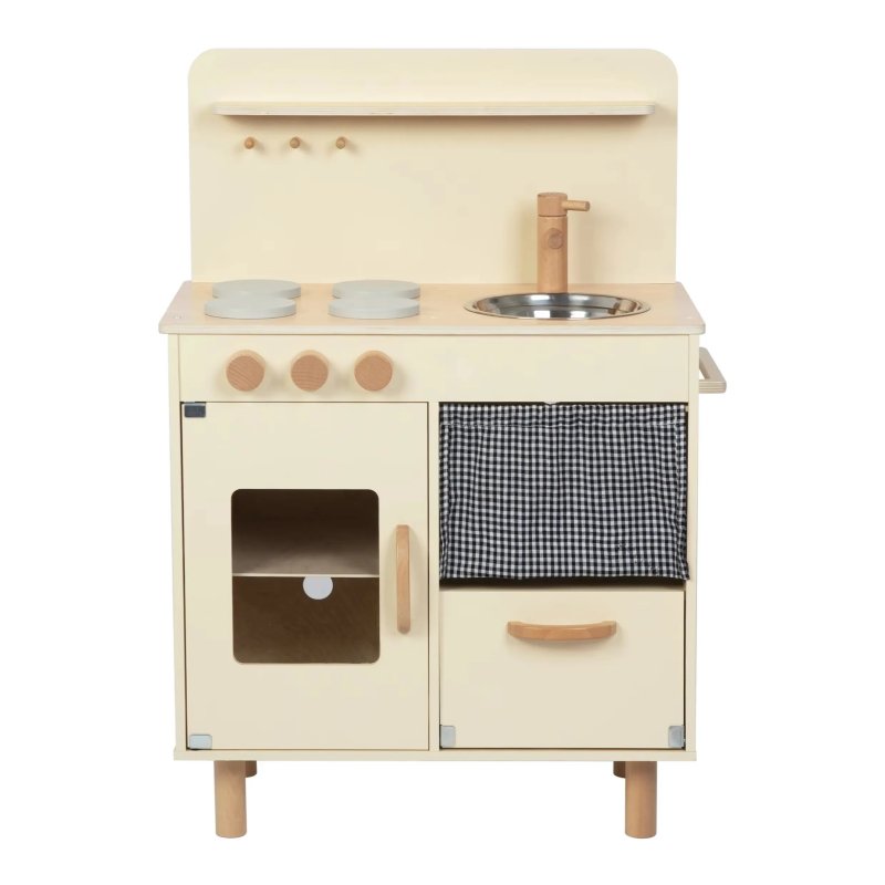 Drewniana kuchnia retro dla dzieci beżowa zabawkowy zestaw kuchenny 3+