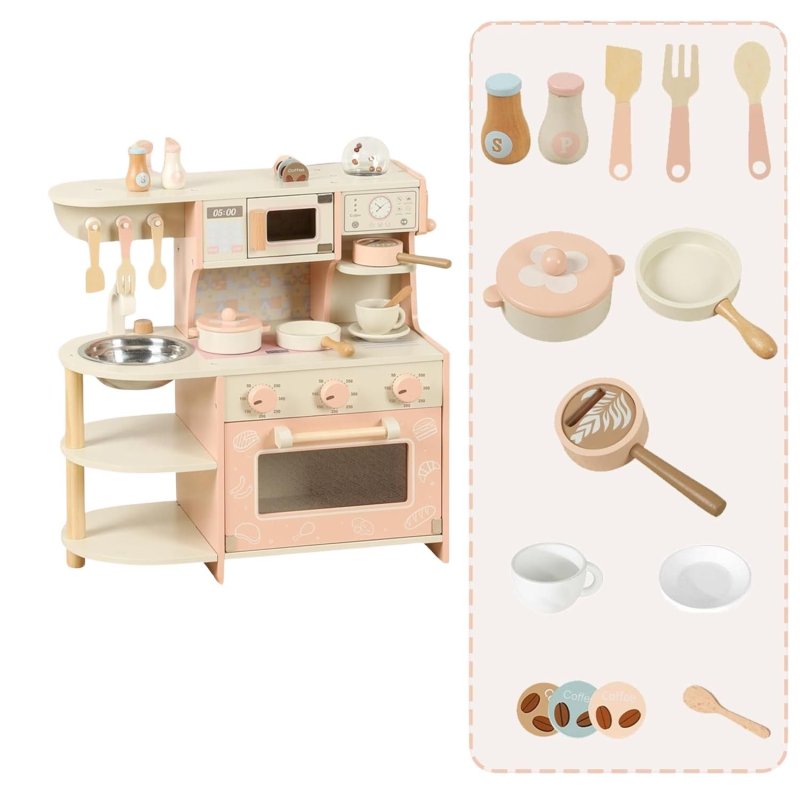 Drewniana różowa kuchnia dla dzieci zabawkowa zestaw kuchenny 3+