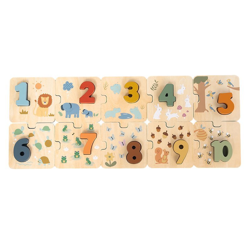 Drewniane puzzle z cyframi – edukacyjna układanka do nauki liczenia dla dzieci 3+