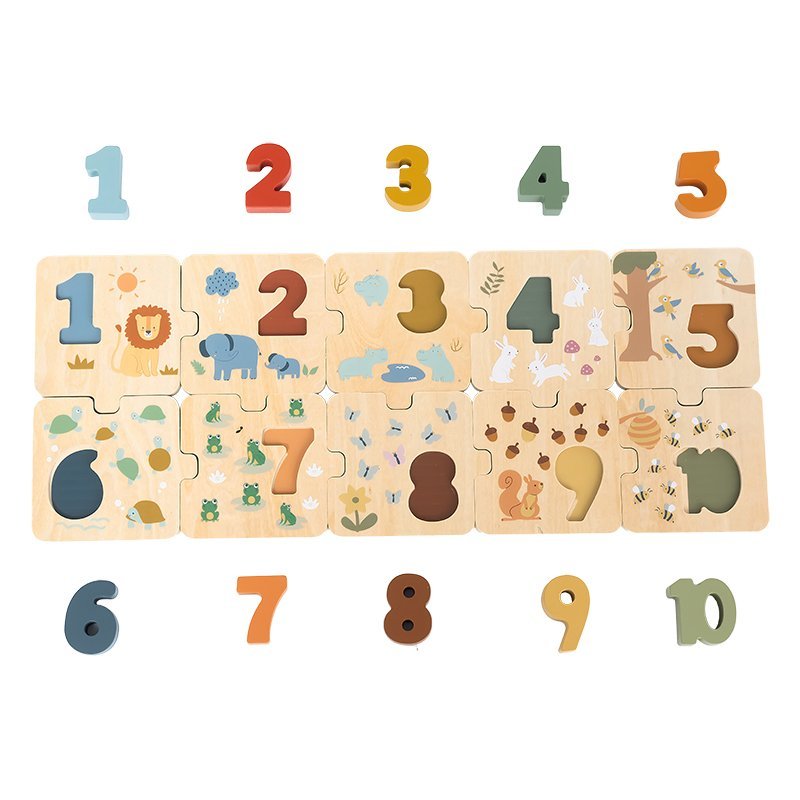 Drewniane puzzle z cyframi – edukacyjna układanka do nauki liczenia dla dzieci 3+