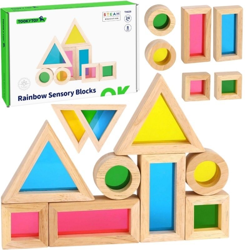 Drewniane klocki sensoryczne z lustrami zabawka edukacyjna dla dzieci 2+