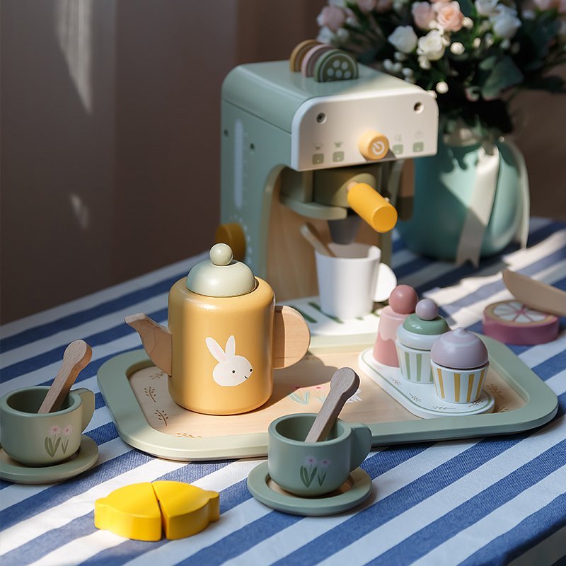 Drewniany zestaw do herbaty pastelowy zabawa w tea party kuchnia 24M+