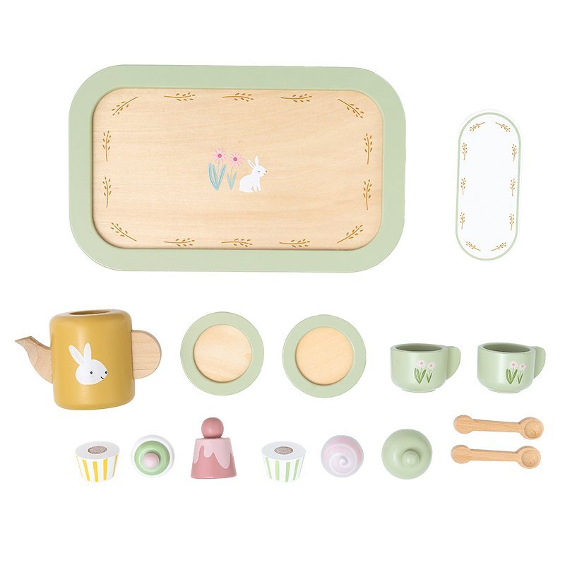Drewniany zestaw do herbaty pastelowy zabawa w tea party kuchnia 24M+