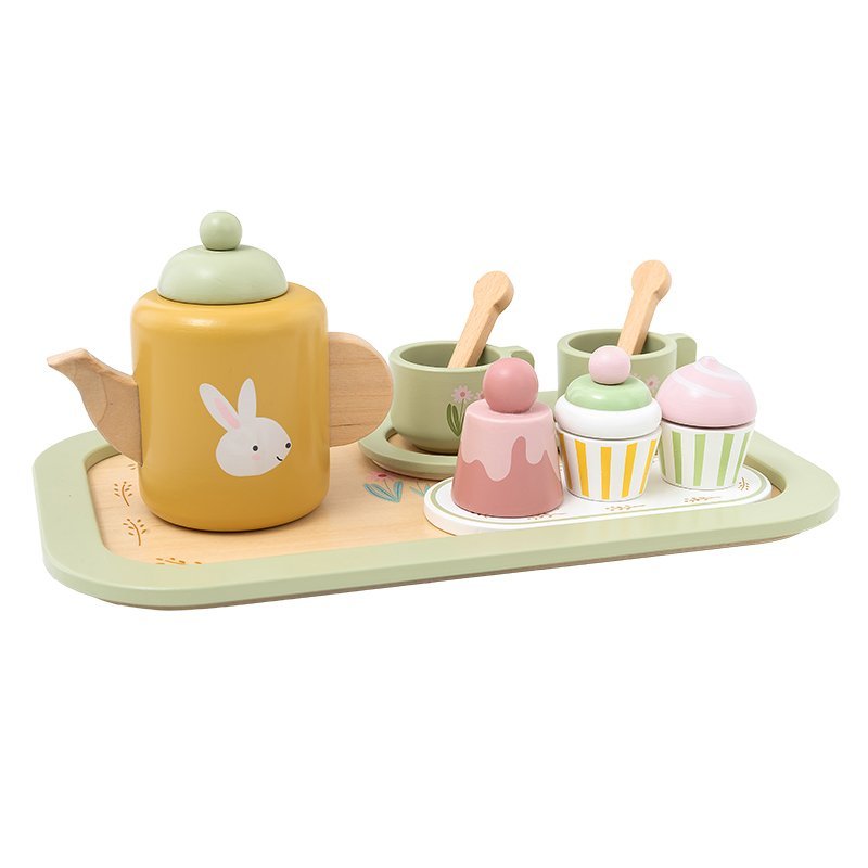 Drewniany zestaw do herbaty pastelowy zabawa w tea party kuchnia 24M+