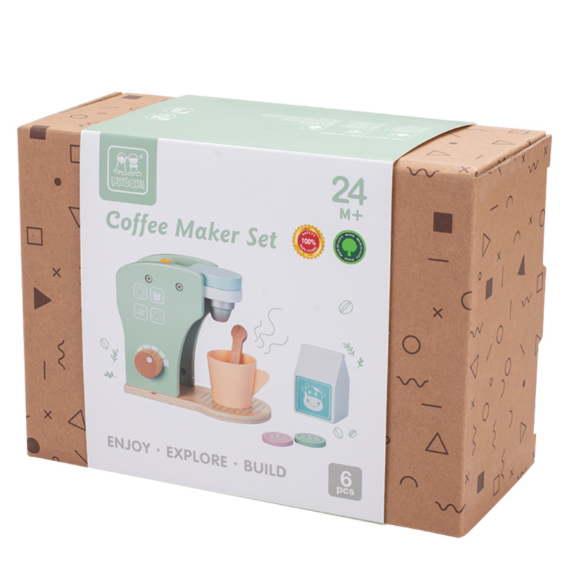 Drewniany ekspres do kawy dla dzieci – zestaw kuchenny do zabawy 2+