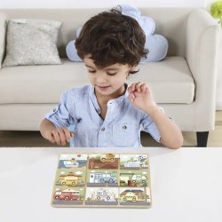Drewniany labirynt z pojazdami – zabawka edukacyjna dla dzieci 18M+