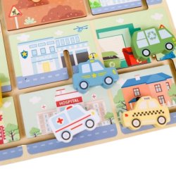 Drewniany labirynt z pojazdami – zabawka edukacyjna dla dzieci 18M+
