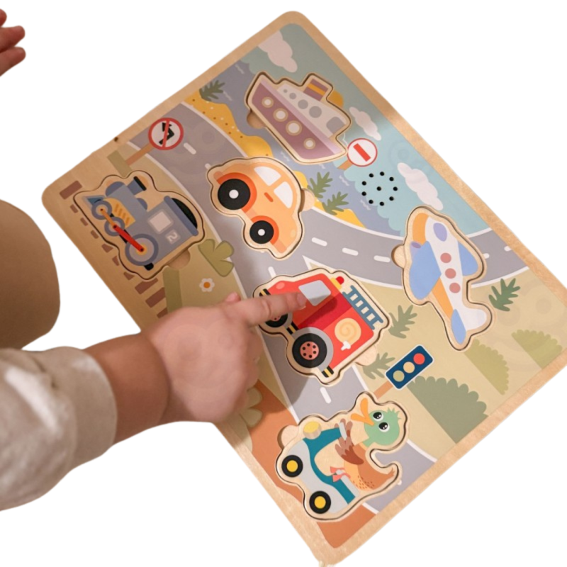 Drewniane puzzle dźwiękowe pojazdy dla dzieci 18M+ – zabawka edukacyjna