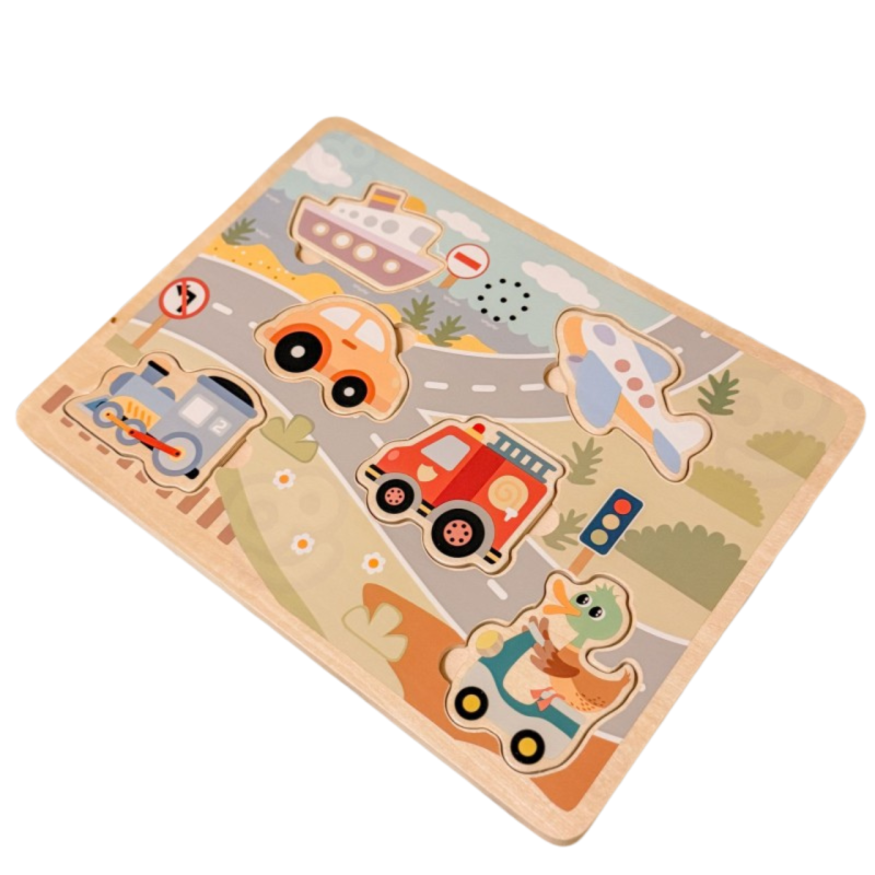 Drewniane puzzle dźwiękowe pojazdy dla dzieci 18M+ – zabawka edukacyjna