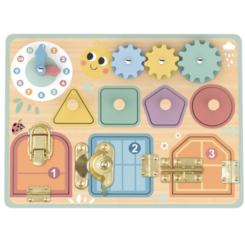 Drewniana tablica manipulacyjna z zamkami i zegarem – zabawka edukacyjna 3+