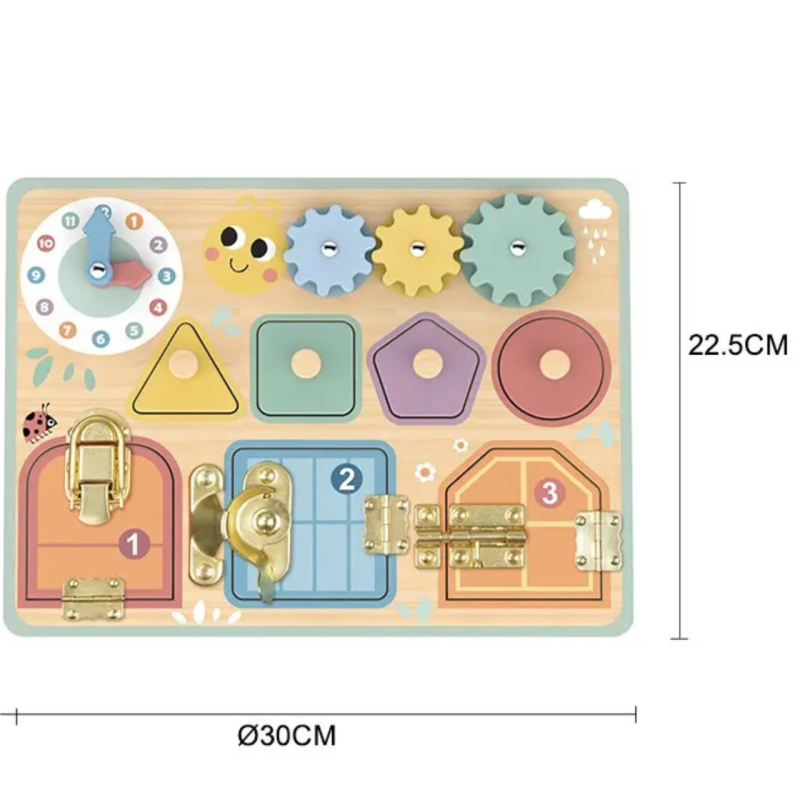 Drewniana tablica manipulacyjna z zamkami i zegarem – zabawka edukacyjna 3+